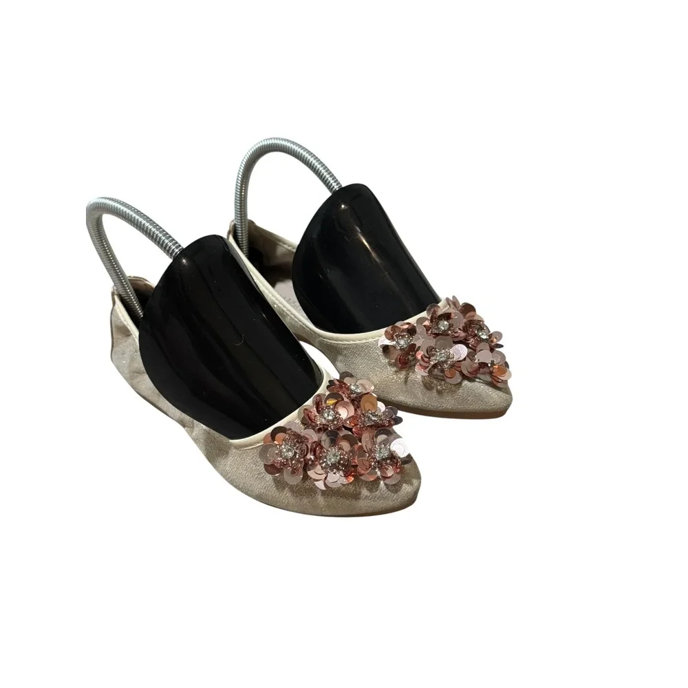 Guansitu Champagne Gold Sequin Pointed Toe Ballet Flats Sz 37/6.5 Fairy Coquette
